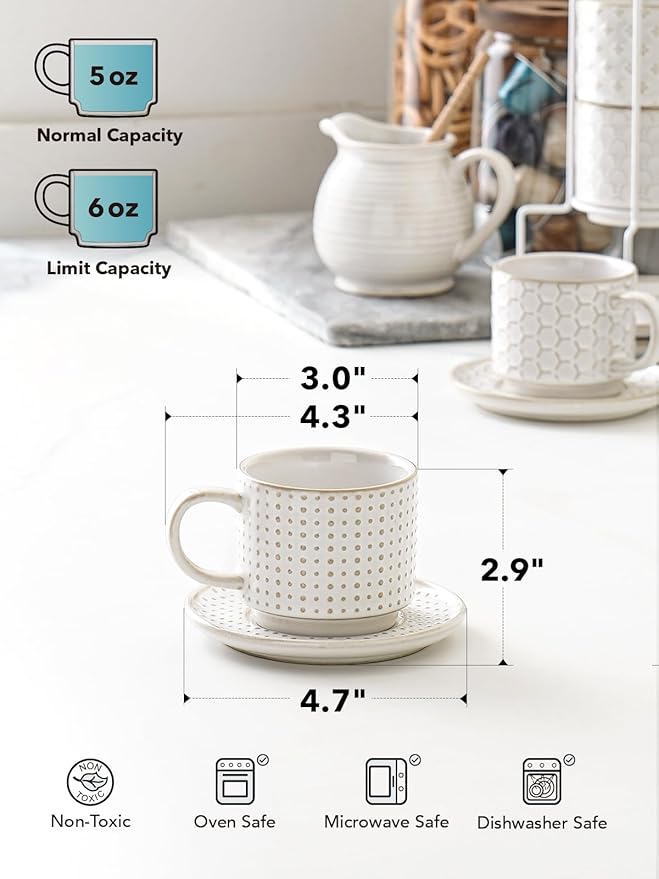 LE TAUCI Stackable Cappuccino Cups with Saucers and Stand, Set of 4, 6 oz Ceramic Coffee Cup Set for Espresso Au Lait, Flat White, Tea, Americano, Dishwasher & Microwave Safe, Embossed, White