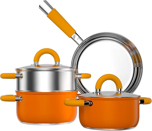 Pots and Pans Set, Stainless Steel Orange Cookware Set of 6, 4 3 QT Steamer Pot Frying Pan, Compatible with All Stovetops, Gift for Kitchen Decor