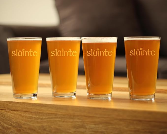 Bevvee Slainte Irish Cheers - Pint Glasses - Set of 4 - Fun St Patricks Day Party Decor or Gifts - 16 Ounce