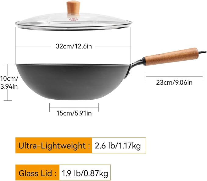 WANGYUANJI 12.6" Carbon Steel Wok with Lid & Spatula - Gift Ready Packaging, Precision Spun Iron Stir Fry Pan for 3-4 People - Flat Bottom, Nitrided Rust-Resistant Surface (Requires Seasoning)