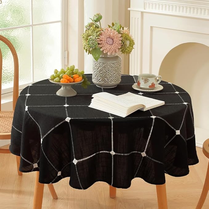 Zobesta Linen Table Cloth Round Tablecloth 53 inch, Washable Farmhouse Soft Boho Black Plaid Round Table Cloth for Party, Holiday, Picnic, Dining, Outdoor