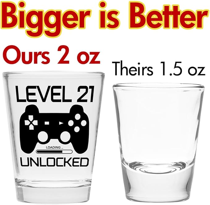 Level 21 Unlocked - Birthday Shot Glass - Celebrate Turning Twenty-One- 21st Birthday Shot Glass for Him/Her - Shot Glass for 21st bday (Pack of 2)