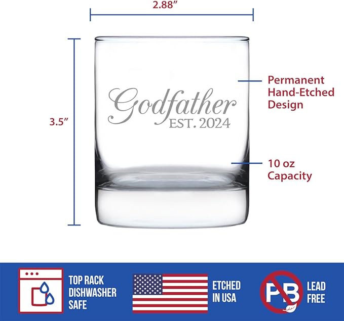 Bevvee Godfather Est 2024 - New Godfather Whiskey Rocks Glass Proposal Gift for First Time Godparents - Decorative 10.25 Oz Glasses