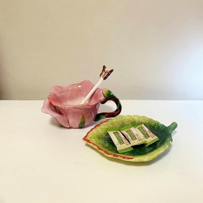 Ceramic Tea Cup and Saucer Set ，6OZ 3D Hand-Painted Flower and Lotus Leaf Coffee Mug，Gift for Women- Dark Pink Rose