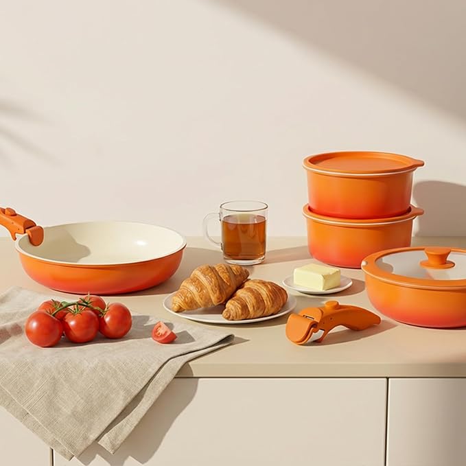 GiPP 5PCS Pots and Pans Set Non Stick, Nonstick Cookware Set Detachable Handle,Ceramic Pots for Cooking Non Stick with Removable Handle, RV Cookware Set, Orange Gradien