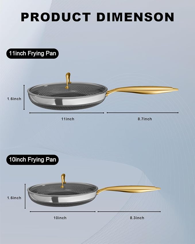 FogDream 10“11” Non Stick Frying Pans, Stainless Steel Skillet with Lid, Tri-Ply Stainless Steel for All Cooktops, Dishwasher and Oven-Safe Cooking Pan, Stay-Cool Handle, Gold