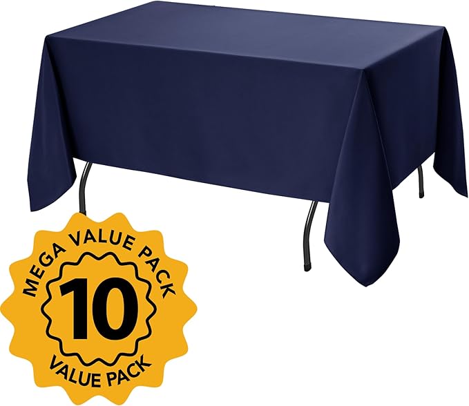 10-Pack Navy Blue Tablecloths for Rectangle Tables, 70 x 108 Inches, Stain-Resistant Polyester Fabric for 6 Foot Tables - Washable Table Covers for Weddings, Birthday Parties, Events