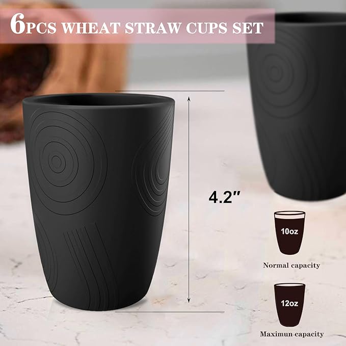 Homienly Wheat Straw Drinkware 12oz Unbreakable Drinking Glasses 6-Piece Stackable Kithen Cups Dishwasher and Microwave Safe Cups for Everyday Family Meals, Entertaining-Black