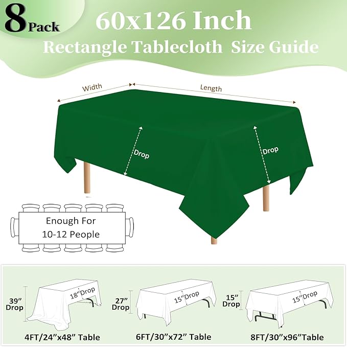 8 Pack Green Table Cloth 60x126 Inch Rectangle Tablecloth for 8 Foot Rectangle Tables, Wrinkle Resistant Washable Polyester Fabric Rectangular Table Cover for Dining Banquet Wedding Party