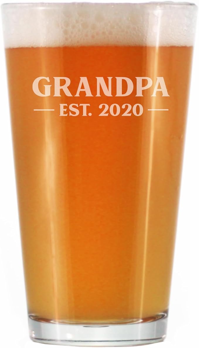 Bevvee Grandpa Est 2020 - New Grandfather Pint Glass Gift for First Time Grandparents - Bold 16 Oz Glasses