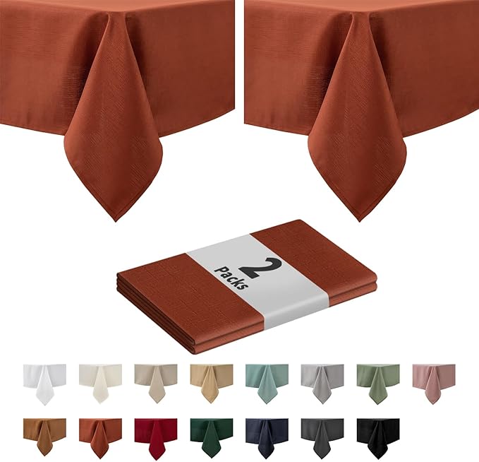 maxmill 2 Pack Rectangle 52 x 70 Inch Rust Slubby Textured Tablecloth Waterproof Spillproof Wrinkle Free Fall Table Cloth, Kitchen Dining Room Thanksgiving Decoration, Fabric Cover Halloween Party