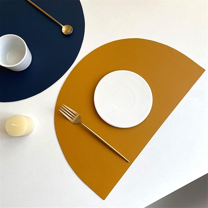 Semicircle PU Leather Table Mat Waterproof Heat Insulation Non-Slip Placemat Tableware Pad Coaster Kitchen Accessories 4pcs(Black)