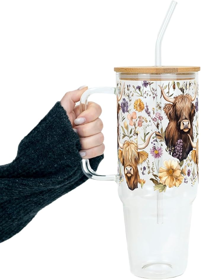 Sip Sip Hooray Highland Cow 40oz Glass Tumbler with Lid and Straw, Wildflower Cow Coffee Cup, Large Floral Farmhouse Drinkware, Cow Lover Gift, Cow Mom Gift, Farmhouse Kitchen Decor