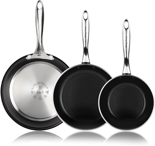 Magefesa Prisma Frying Pan Set, 7.9", 9.4" & 11", 18/10 Stainless Steel, Triple-Layer Nonstick, Works on All Stovetops Including Induction, Oven Safe to 392°F, Dishwasher Safe, Durable Skillets
