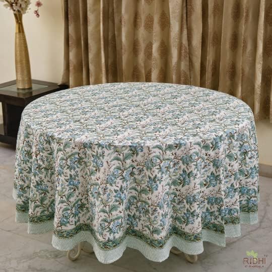 Ridhi Block Print Round Sage and Russian Green Reusable Tablecloth 100% Cotton 110" Inch Decorative Table Cover eveyday Dining, Home, Party, Wedding, Farmhouse Gift for Spring, Easter, Valentine