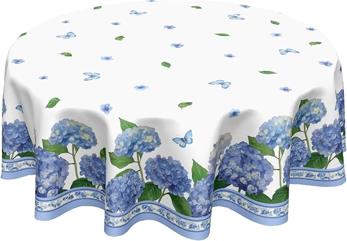 Spring Summer Round Tablecloth 60 Inch Easter Blue Hydrangea Watercolor Floral Butterfly Polyester Table Cloth Cover Rustic Farmhouse Decoration for Holiday Party Kitchen Dinner
