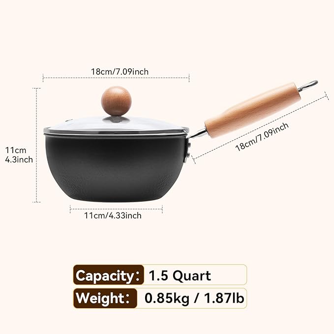 WANGYUANJI 7.1 Inch Hammered Iron Saucepan with Glass Lid, Removable Beechwood Handle, Small Milk Pot for Boiling, Simmering, Heating – Non-Coated, Stovetop Compatible