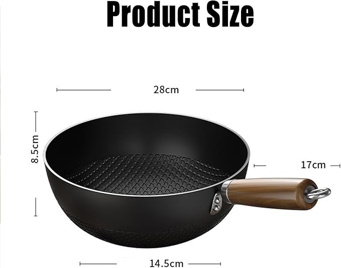 Carbon Steel Wok Pan, Fish Scale Pattern Flat Bottom Stir Fry Pan (Seasonable Nonstick, Induction & Gas Compatible) – High-Wall Handmade Pan, Sizes 20/22/24/28cm, Optional Glass Lid (26cm)
