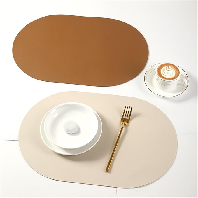 Leather Placemat Oval Oil-Proof Table Mat Home Dining Kitchen Table Placemat Design Dining Waterproof Heat Home Decor(Mist Blue)