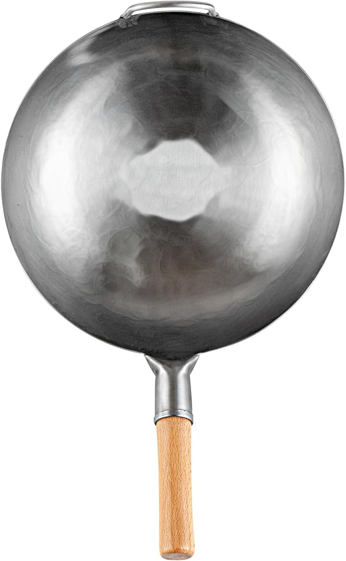 Motomori 14 Inch Hand-Hammered Carbon Steel Wok, 10 Traditional Japanese Wok - Flat Bottom, Wooden Handle, Black Carbon Steel Traditional Stir Fry Pan, With Helper Handle - Restaurantware