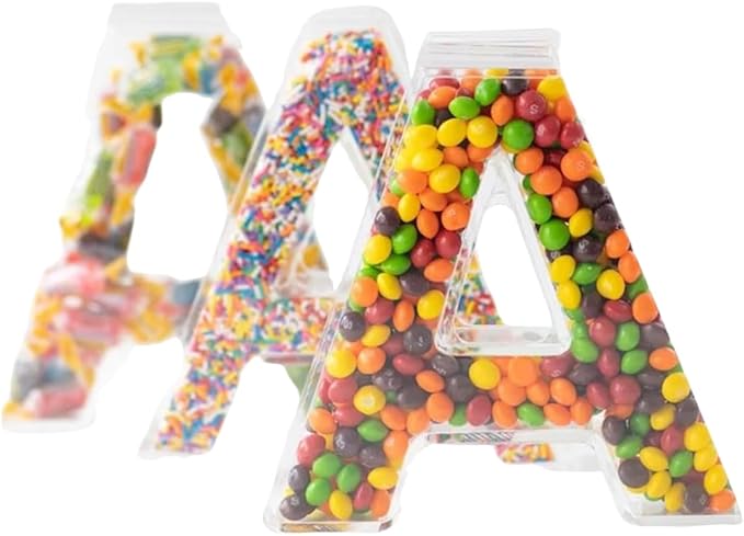 Fillable Alphabet Acrylic Tray Letter Candy Jar Reusable Party Food Jar with Magnetic Lid 10-Inch Sealed Decorative Box (A)