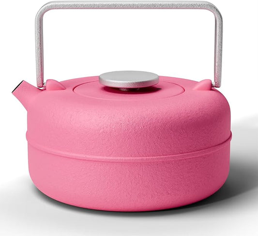 Toptier Teapot with Removable Infuser, Cast Iron Tea Kettle Stovetop Safe, Solid Geometry Cylinder Design Tea Pot Coated with Enameled Interior for 27 Ounce (800 ml), Rose Red