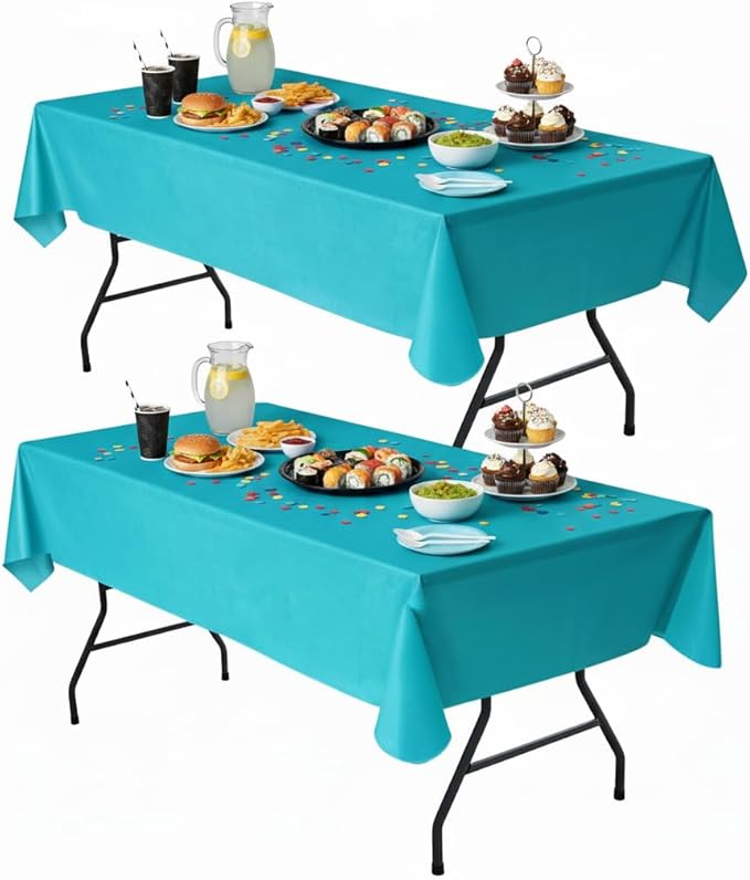 Nasitos 2 Pack Vinyl Tablecloth 60x102 Inch-Decorative Rectangle Flannel Backed Teal Tablecloths, Waterproof Outdoor Spillproof Tablecloth for Trade Shows, Party, Camping, Baby Shower