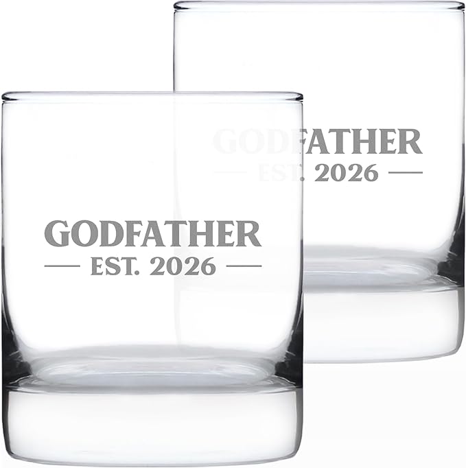 Bevvee Godfather Est 2026 Whiskey Rocks Glass - New Godfather Proposal Gift for First Time Godparents - Set of 2 - Bold 10.25 oz