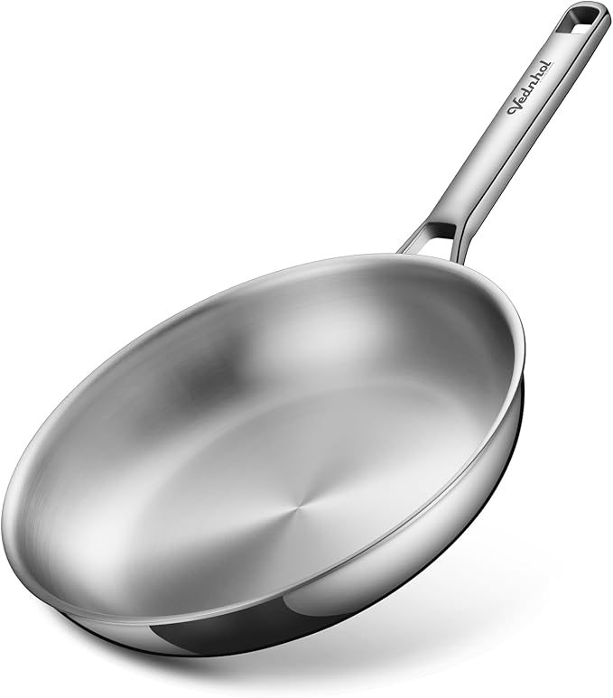 Stainless Steel Pan,12 Inch Stainless Steel Frying Pan,Tri-Ply Stainless Steel Skillet,Steel Pan for Cooking,PFOA&PTFE Free,Dishwasher and Oven Safe,Induction&All Stove Compatible