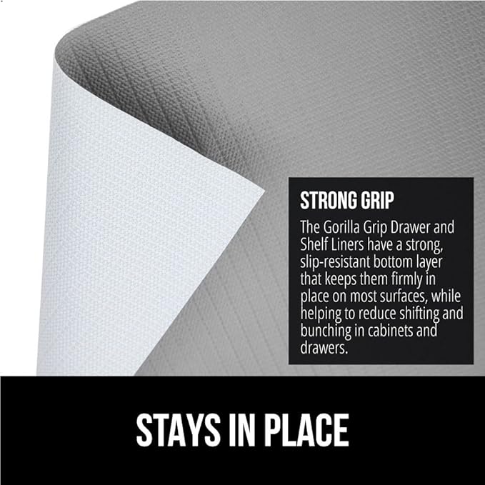GORILLA GRIP Slip Resistant Drawer and Shelf Liner 2 Pack, Non Adhesive Water Resistant, Easy Clean and Trim, Smooth Surface Liners for Kitchen Cabinet Shelves Drawers Pantry 20 IN x 20 FT, Light Gray