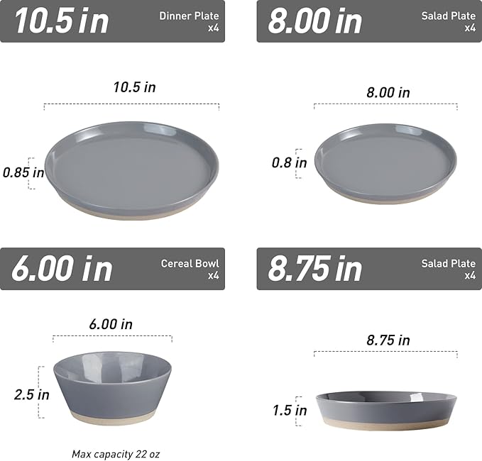 Famiware Saturn 16 Pieces Plates and Double Bowls Sets for 4, Stoneware Dinnerware Set with Pasta Bowl, Dish Set with Trim - Chip & Scratch Resistant, Microwave & Dishwasher Safe, Dark Gray