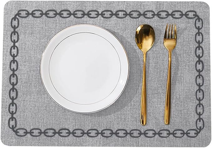 Set of 1/4/6 Square Placemats Waterproof Oilproof Wipeable Reversible Faux Leather Table Mats for Kitchen/Dining/Party(Chain S Light Grey,6pcs)