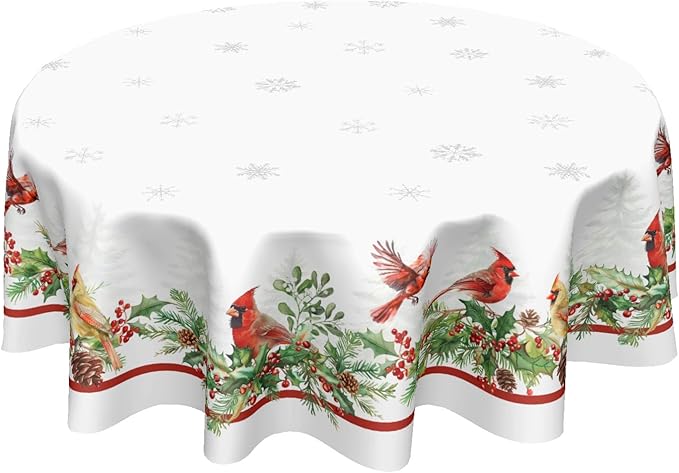 Christmas Round Tablecloth 60 Inch Winter Holiday Red Bird Holly Leaf Circle Table Cloth Xmas Snowflake Theme Table Cover for Kitchen Dinner Home Decor