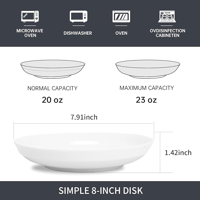 QUANSHANGJUSet of 6 Dinner Plates 8 Inch, White Porcelain Plates, Microwave Oven Dishwasher Safe Scratch Resistant