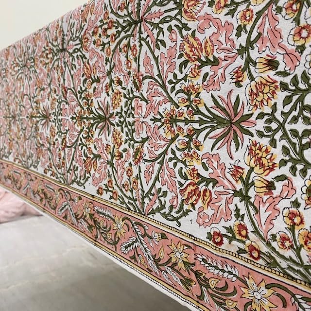 Ridhi Hand Block Print Sassy Salmon Emerald Green Rectangle Cotton Tablecloth 160" x 72" Reusable Table Cover Decorative Everyday Use for Dining, Farmhouse, Home Gift for Spring, Easter, Valentine