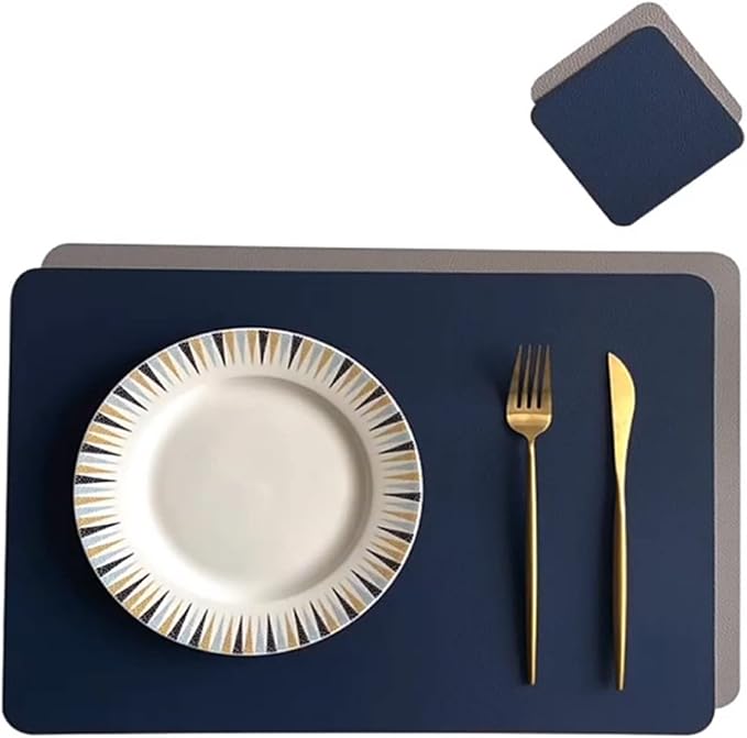 PU Place Mats Faux Leather Double Side Placemat and Coaster Set of 1/4/6 Easy to Clean Table Mat Waterproof Wipeable(DP Blue and Grey,4sets)