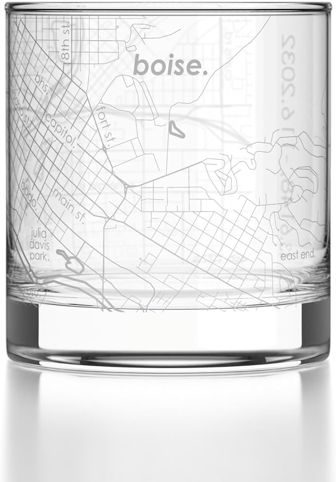 Well Told Engraved Boise Idaho Map Rocks Glass, Old Fashioned Glassware (11 oz, Clear) Etched Bourbon Tumbler, Gifts For Whiskey Lovers