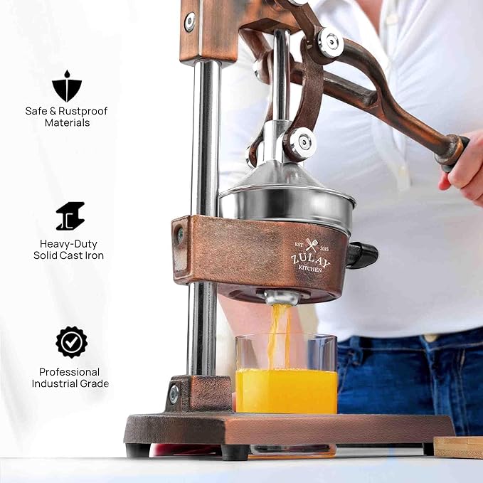 Zulay Kitchen Cast Iron Juicer - Easy-to-Clean Heavy-Duty Manual Juicer, Professional Citrus Juicer - Stainless Steel Lemon Squeezer - Manual Citrus Press & Orange Squeezer - Orange Juicer (Copper)