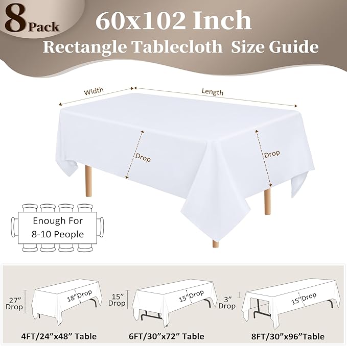 8 Pack White Table Cloth 60x102 Inch Rectangle Tablecloths for 6 Foot Rectangle Tables, Wrinkle Resistant Washable Polyester Fabric Rectangular Table Cover for Dining Banquet Wedding Party