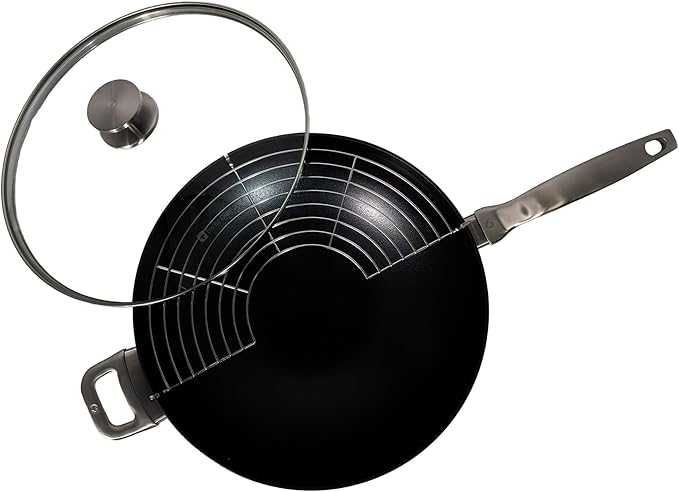 Swiss Diamond Nonstick Hybrid Ceramic and Diamond-Infused Wok With Glass Lid & Tempura Rack, Dou Ceramic, Dishwasher & Oven Safe Up To 500 °F, 12.5-Inches