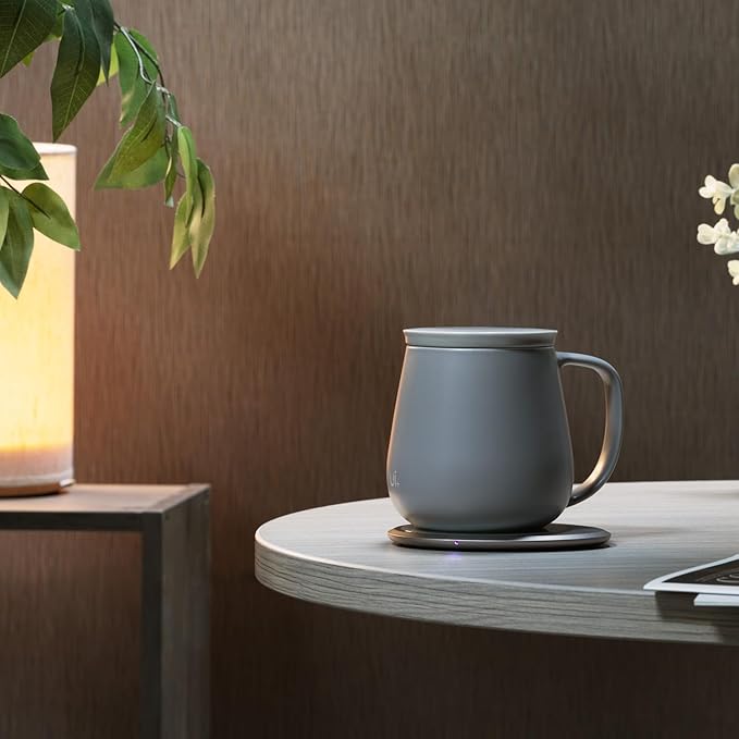 Ui+ Self-Heating Mug Set – Soft Gray | 18 fl oz / 532 mL Ceramic Coffee & Tea Mug Set with Heating Pad