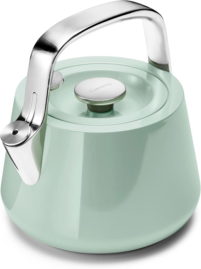 Caraway 2 Quart Whistling Tea Kettle - Durable Stainless Steel Tea Pot - Fast Boiling, Stovetop Agnostic - Non-Toxic, PTFE & PFOA Free - Includes Pot Holder - Mist