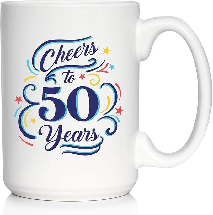 Bevvee Cheers to 50 Years - Coffee Mug Gifts for Women & Men - 50th Anniversary Party Decor - Large 15oz White Ceramic Mug