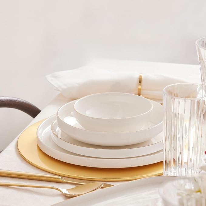 Karaca Streamline New Saturn 59-Piece Dinnerware Set for 12 People,New Generation Bone, Dinner Plates, Pasta Bowls,Salad/Cereal Bowls,Side Plates, Serving Platters,Porcelain Crockery Set, White Gold
