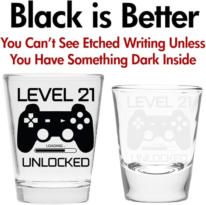 Make Em Laugh Level 21 Unlocked Shot Glass – Funny 21st Birthday Shot Glass for Him or Her – Celebrate Turning Twenty-One with Party Supplies and Drinking Gifts for Men and Women