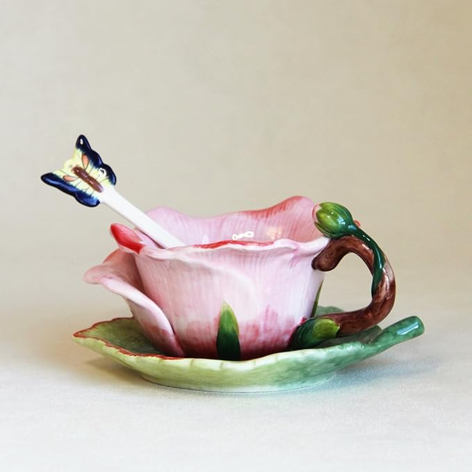 Ceramic Tea Cup and Saucer Set ，6OZ 3D Hand-Painted Flower and Lotus Leaf Coffee Mug，Gift for Women- Pink Rose