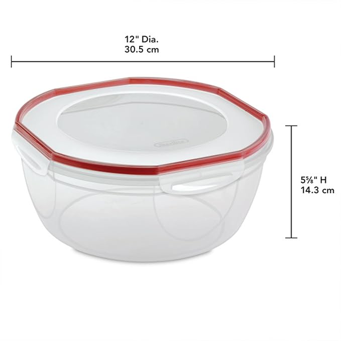 Sterilite Ultra-Seal 8.1 Qt Bowl, Large Airtight Food Storage Container, Latching Lid, Microwave and Dishwasher Safe, Clear With Red Gasket, 6-Pack