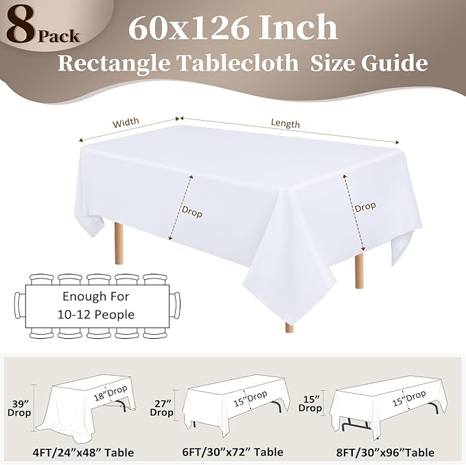 8 Pack White Table Cloth 60x126 Inch Rectangle Tablecloths for 8 Foot Rectangle Tables, Wrinkle Resistant Washable Polyester Fabric Rectangular Table Cover for Dining Banquet Wedding Party