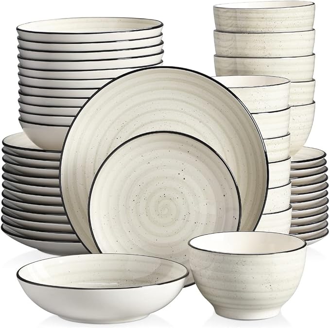 Beige 24/48-Piece Handpainted Spirals Stoneware Dinner Combi-Set with Bowl,Dessert Plate,Soup Plate,Dinner Plate(48pcs)