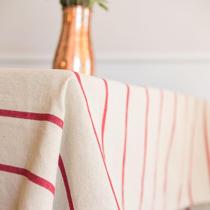 60x90 in Cotton Tablecloth – Large Rectangular Dining Table Cover for Kitchen, Weddings, Parties, Indoor or Outdoor Picnic and Everyday Décor – Red Stripe/Natural